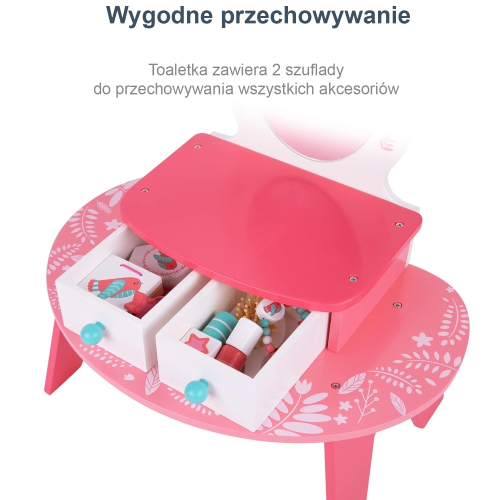 Medinis makiažo stalelis su veidrodžiu TOOKY TOY Rožinis-Žaislai, Profesijos, buities žaislai, Mediniai, Grožio žaislai-e-vaikas