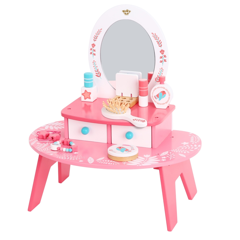 Medinis makiažo stalelis su veidrodžiu TOOKY TOY Rožinis-Žaislai, Profesijos, buities žaislai, Mediniai, Grožio žaislai-e-vaikas