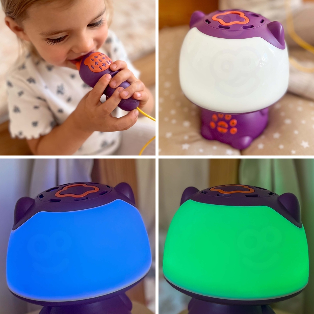 Daugiafunkcinis RGB garsiakalbis WOOPIE Bluetooth karaokė balso moduliatorius SD kortelė AUX, violetinė