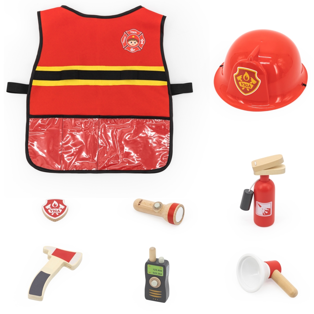 VIGA Little Firefighter Set Vest + Wooden Accessories 8 pcs.