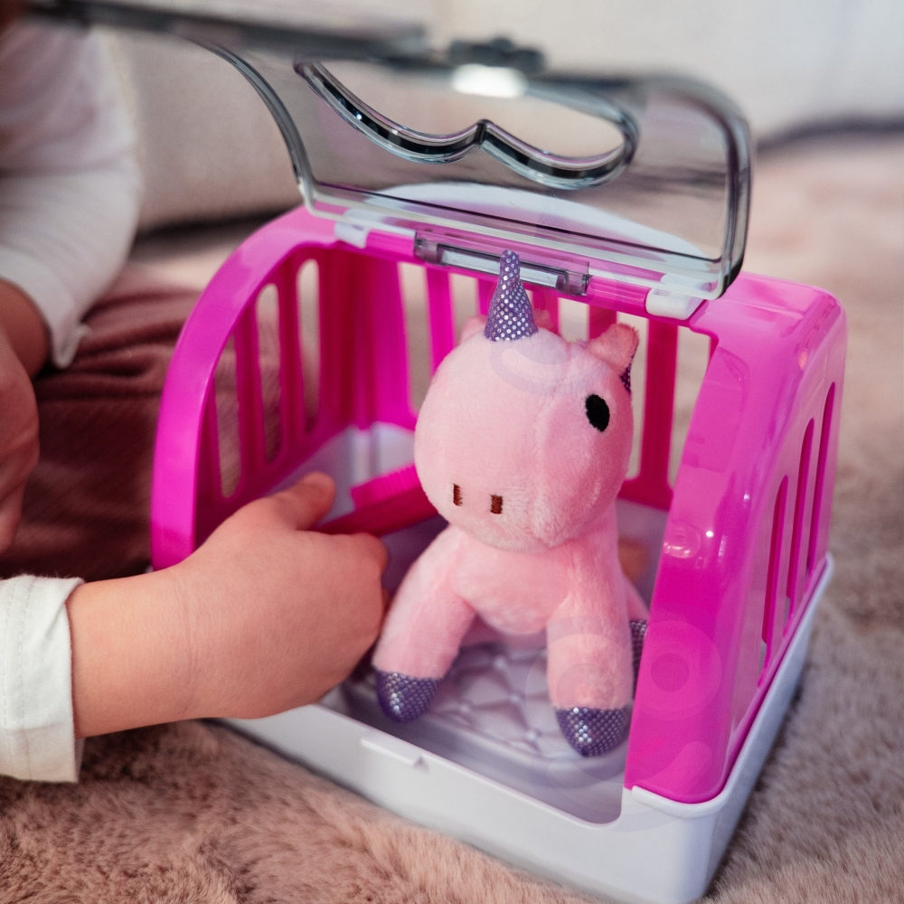 Pliušinis vienaragis su rožine nešiokle WOOPIE-Žaislai, Minkšti žaislai-e-vaikas