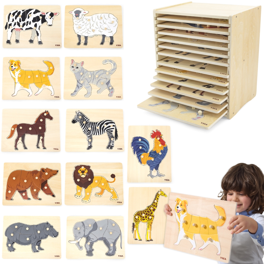 Medinių dėlionių rinkinys: 12 VIGA Montessori Gyvūnai + stovas-Žaislai, Dėlionės, Dėlionės patiems mažiausiems-e-vaikas