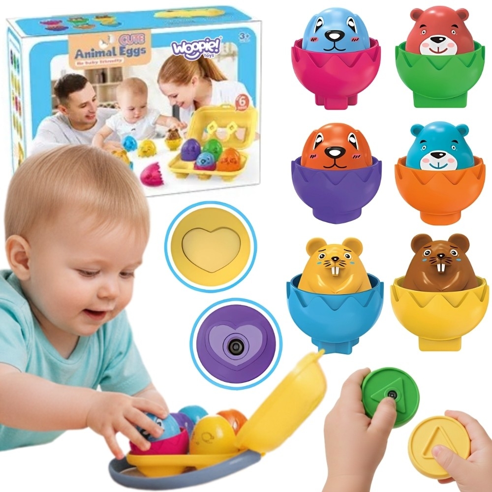 WOOPIE Układanka Sorter Montessori Dopasuj Kształty Wesołe Zwierzaki Jajka 6szt