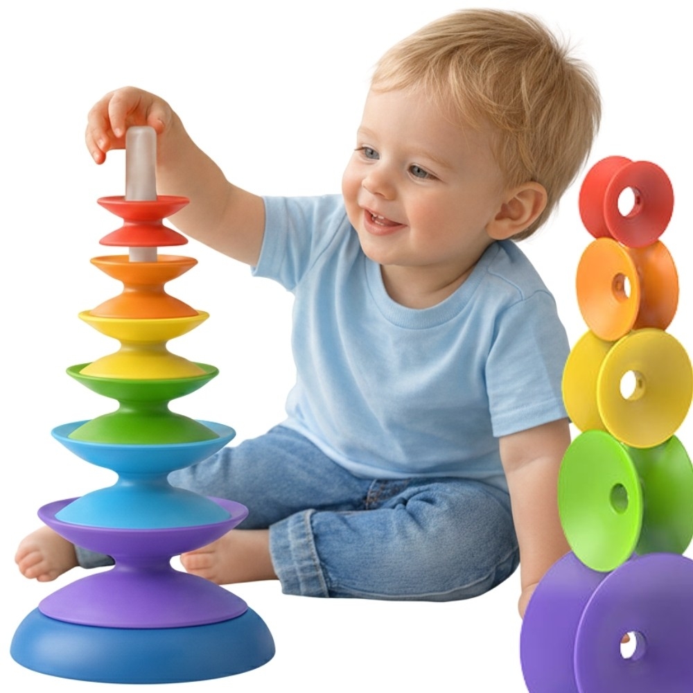 Spalvoto bokšto edukacinė piramidės dėlionė WOOPIE BABY 18m+