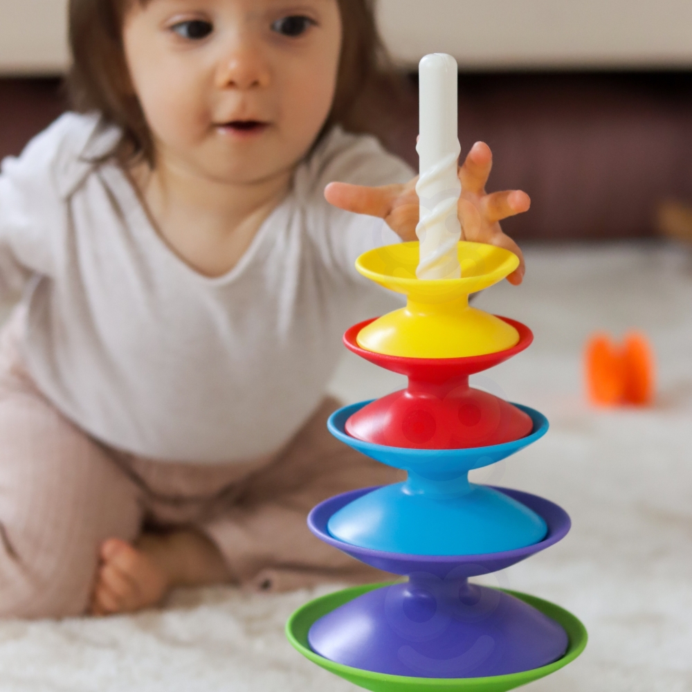 Spalvoto bokšto edukacinė piramidės dėlionė WOOPIE BABY 18m+