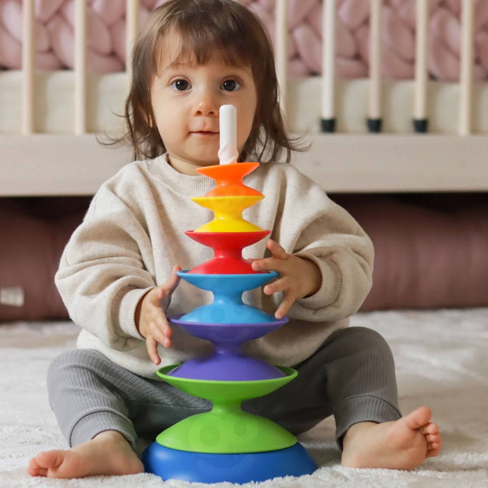 Spalvoto bokšto edukacinė piramidės dėlionė WOOPIE BABY 18m+