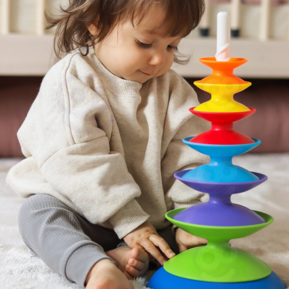 Spalvoto bokšto edukacinė piramidės dėlionė WOOPIE BABY 18m+