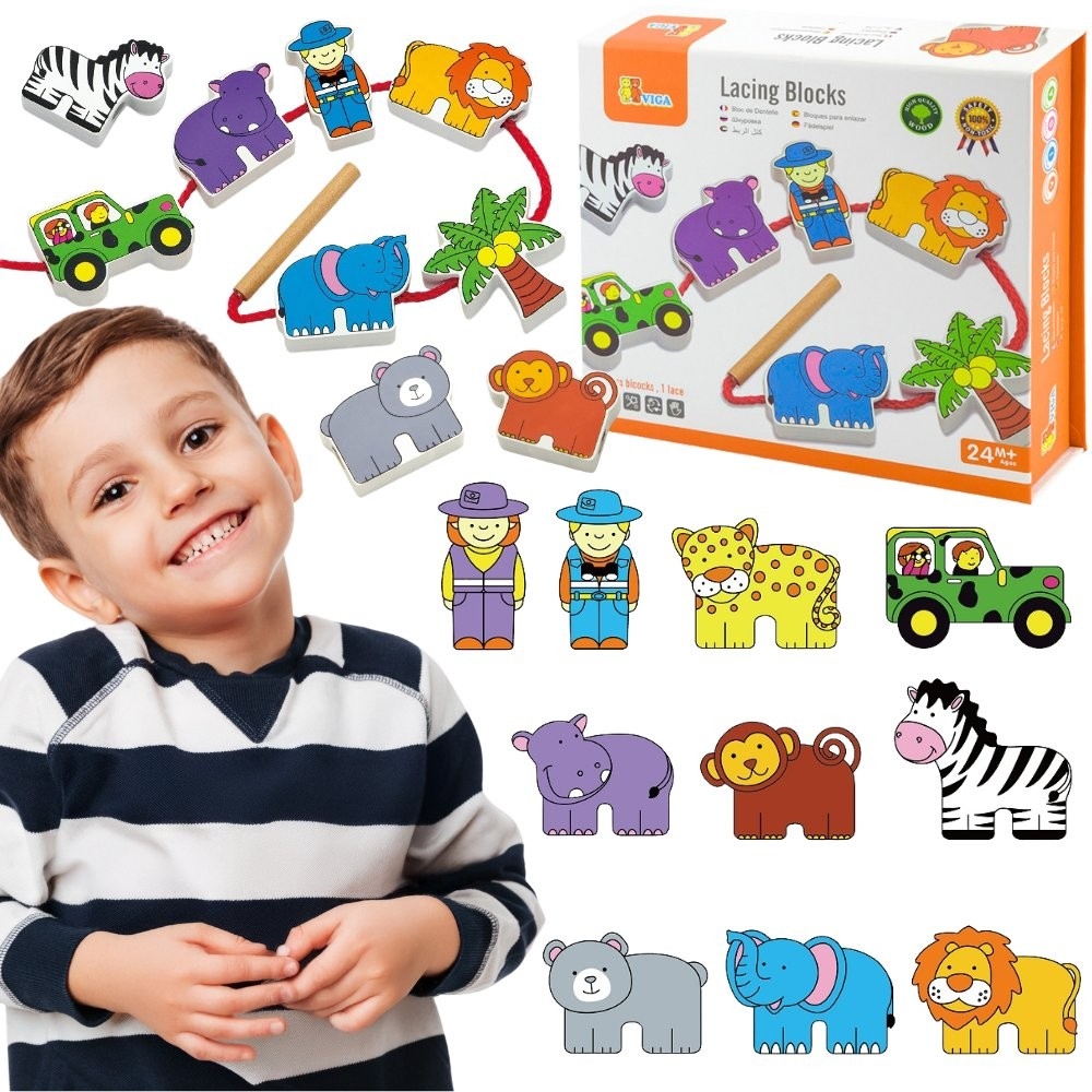 Medinė vėrimo dėlionė VIGA Safari Zoo Blocks-Žaislai, Kūdikiams, Žaislai mažyliams (iki 4 m.