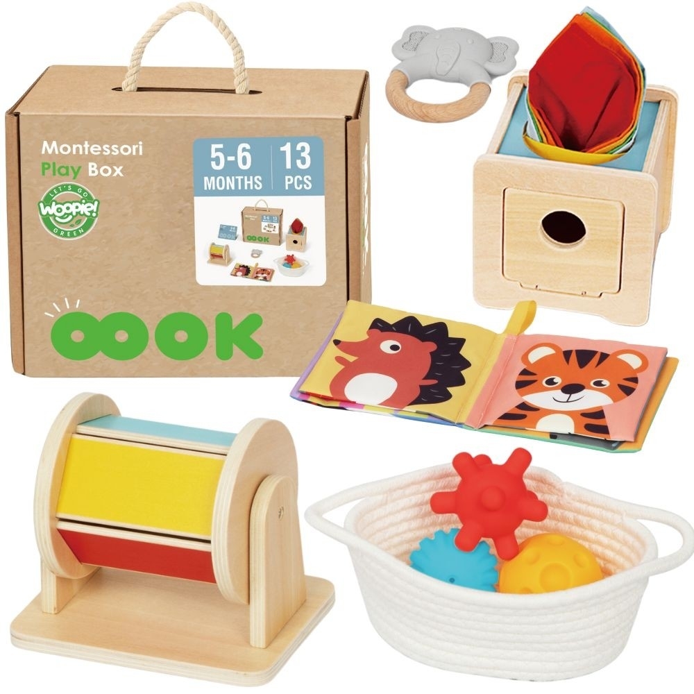 Edukacinė 6in1 sensorinė dėžutė WOOPIE GREEN Box XXL Montessori 5-6 mėn. 13el. FSC-Dovanoms, Žaislai, Kūdikiams, Žaislai mažylia