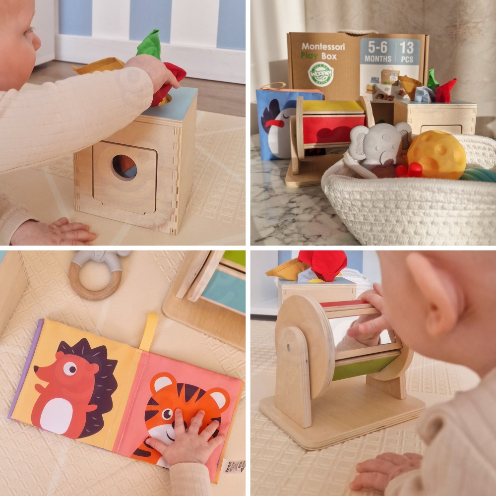 Edukacinė 6in1 sensorinė dėžutė WOOPIE GREEN Box XXL Montessori 5-6 mėn. 13el. FSC-Dovanoms, Žaislai, Kūdikiams, Žaislai mažylia