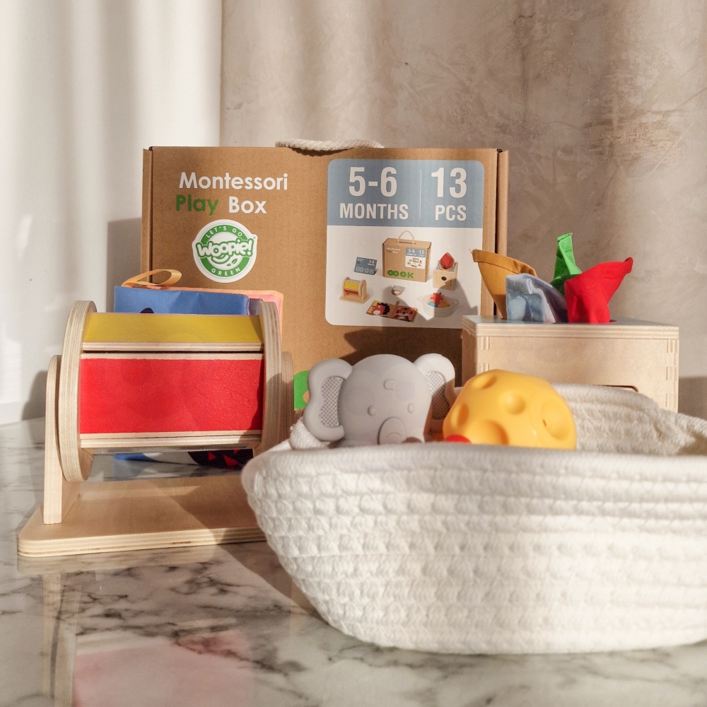 WOOPIE GREEN Box Pudełko XXL Montessori Edukacyjne 6w1 Sensoryczne 5-6 Miesięcy 13el. FSC