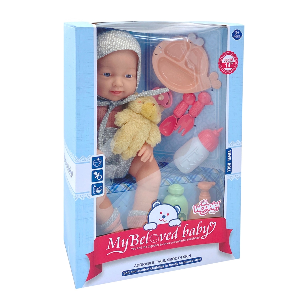 WOOPIE ROYAL Kūdikio lėlė 36 cm su drabužiais ir meškiuku Maitinimo priedai