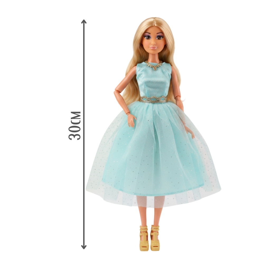 WOOPIE ROYAL Lily Doll 30 cm Long Blonde Hair Elegant Turquoise Dress