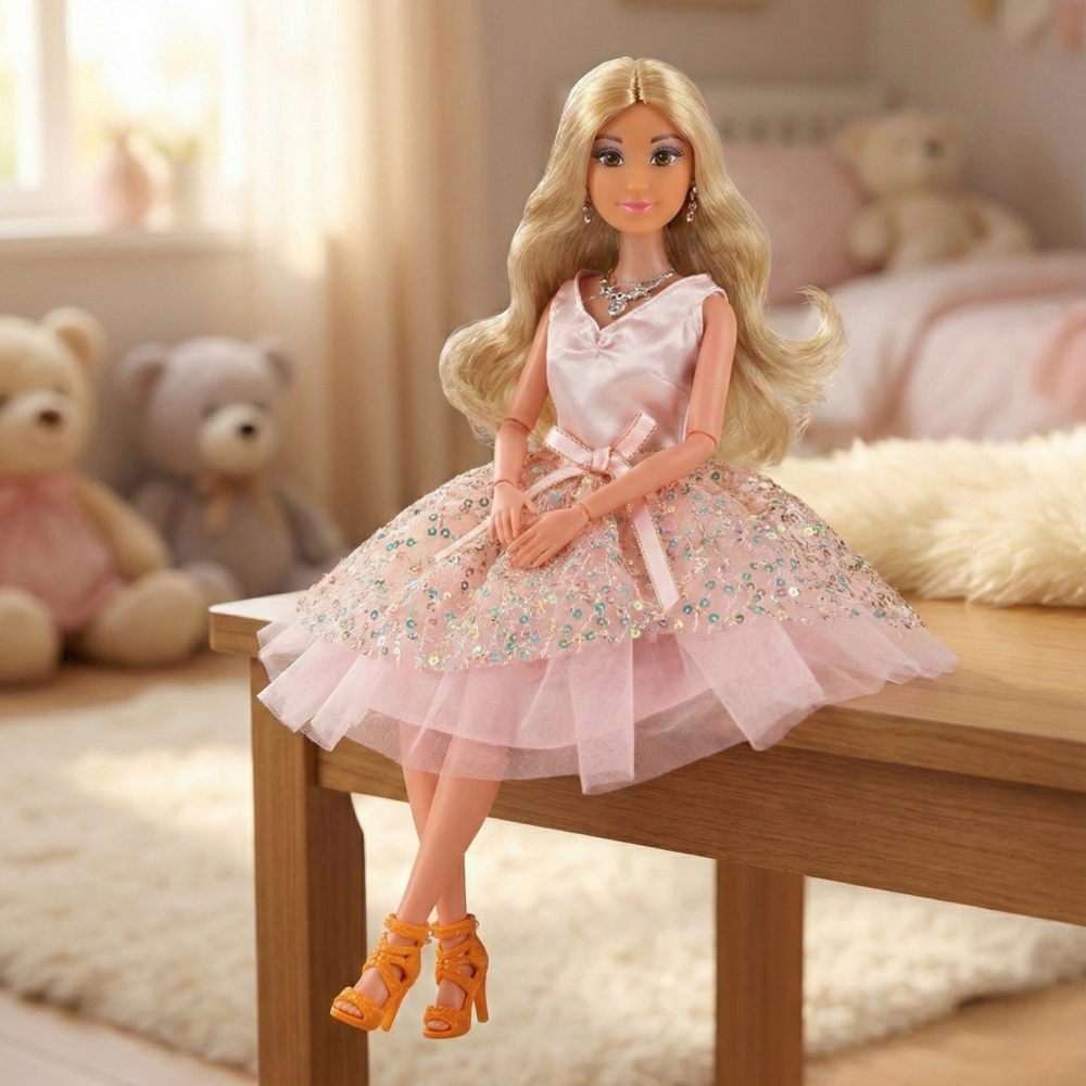 Lėlė Lily 30 cm Ilgi šviesūs plaukai WOOPIE ROYAL Rausva suknelė Papuošalai-Žaislai, Lėlės ir jų priedai, Lėlės-e-vaikas