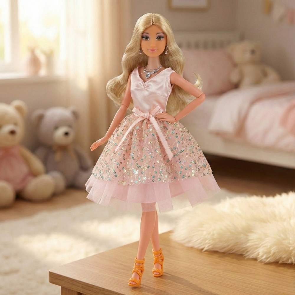 Lėlė Lily 30 cm Ilgi šviesūs plaukai WOOPIE ROYAL Rausva suknelė Papuošalai-Žaislai, Lėlės ir jų priedai, Lėlės-e-vaikas