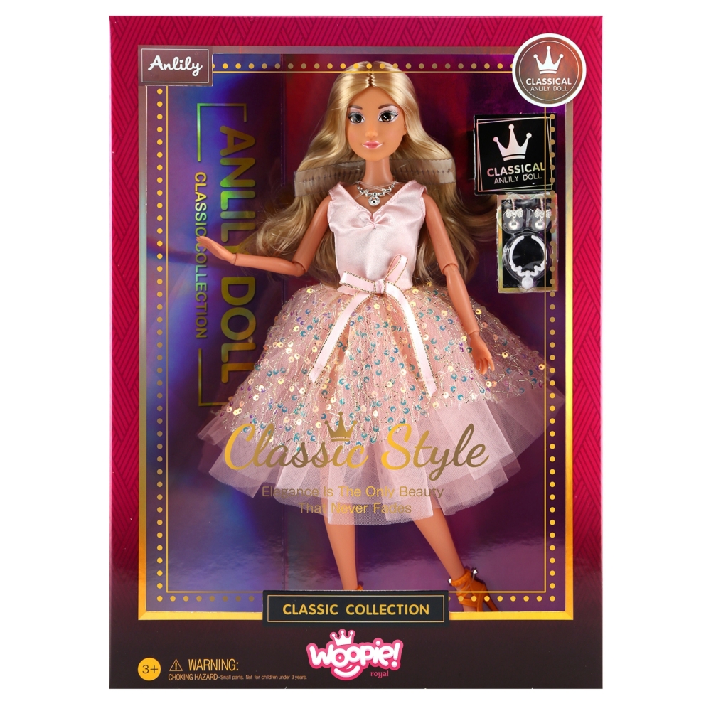 Lėlė Lily 30 cm Ilgi šviesūs plaukai WOOPIE ROYAL Rausva suknelė Papuošalai-Žaislai, Lėlės ir jų priedai, Lėlės-e-vaikas