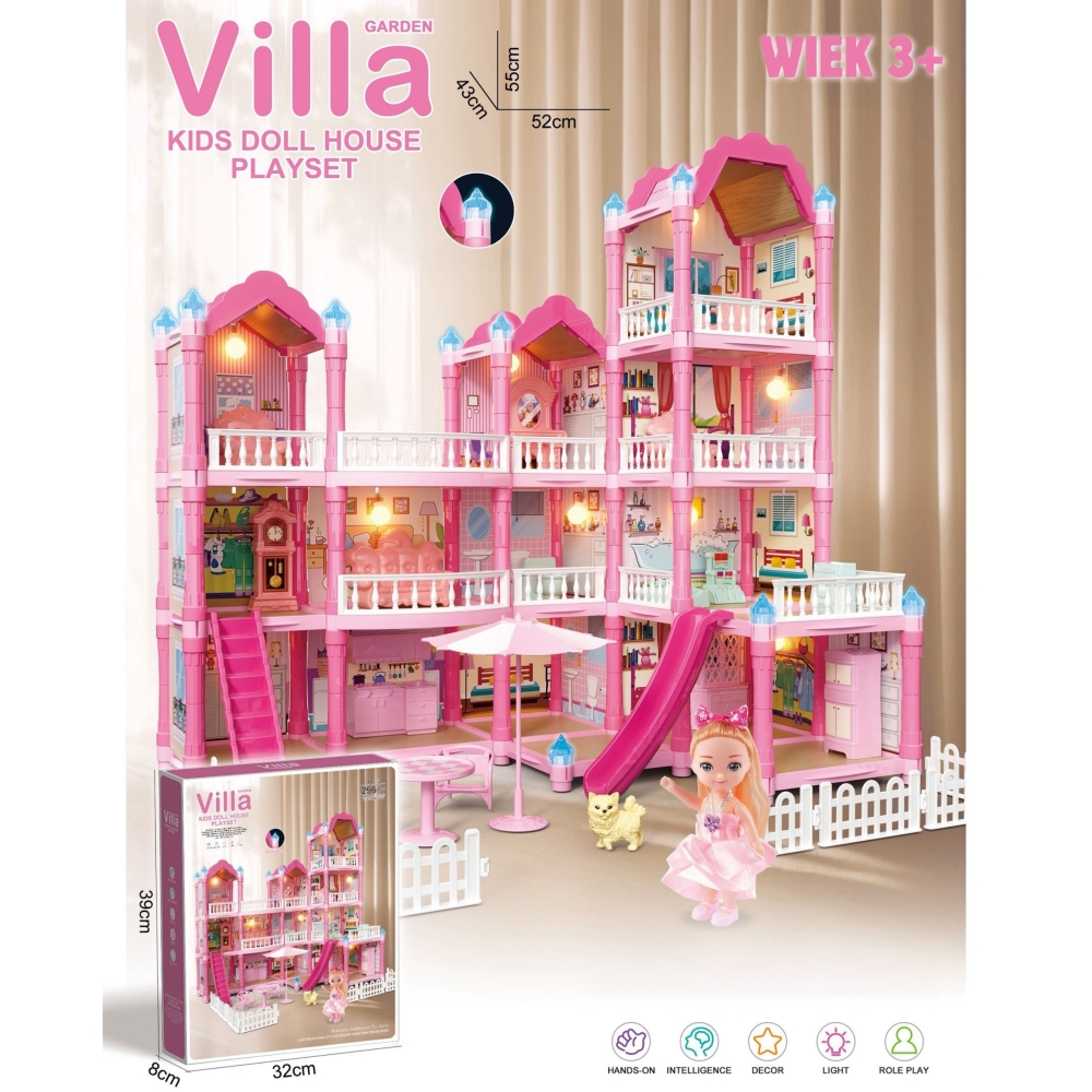 Lėlių namelis WOOPIE Villa su apšvietimu ir priedais, lėle 296el.