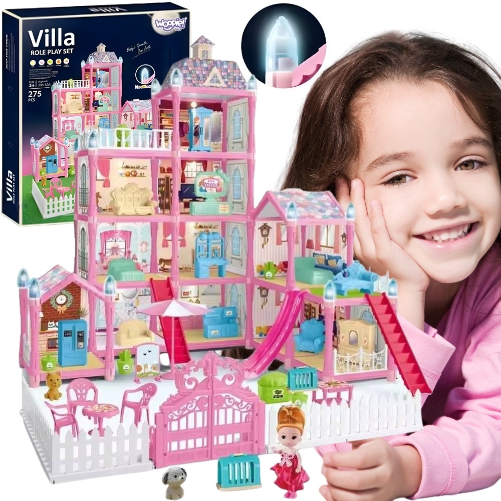 Daugiaaukštis lėlių namelis WOOPIE Villa su priedais ir lėle 275el.