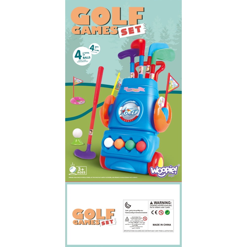 Golfo rinkinys WOOPIE + stovas su ratukais-Žaislai, Lauko žaislai, Lauko žaidimai ir sporto prekės, Žaidimai, sporto prekės-e-va