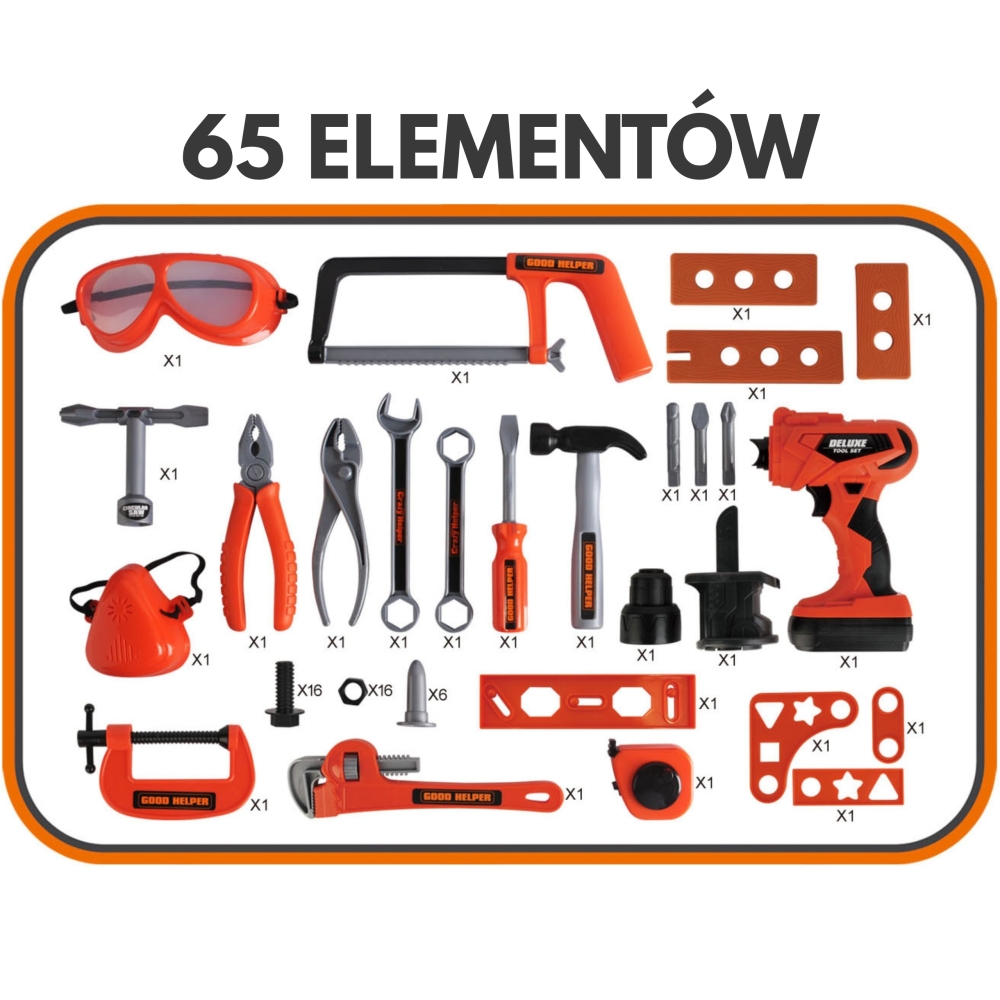 Mobilusis įrankių rinkinys WOOPIE Workshop 2in1, 65 el.-Žaislai, Profesijos, buities žaislai, Meistro žaislai-e-vaikas
