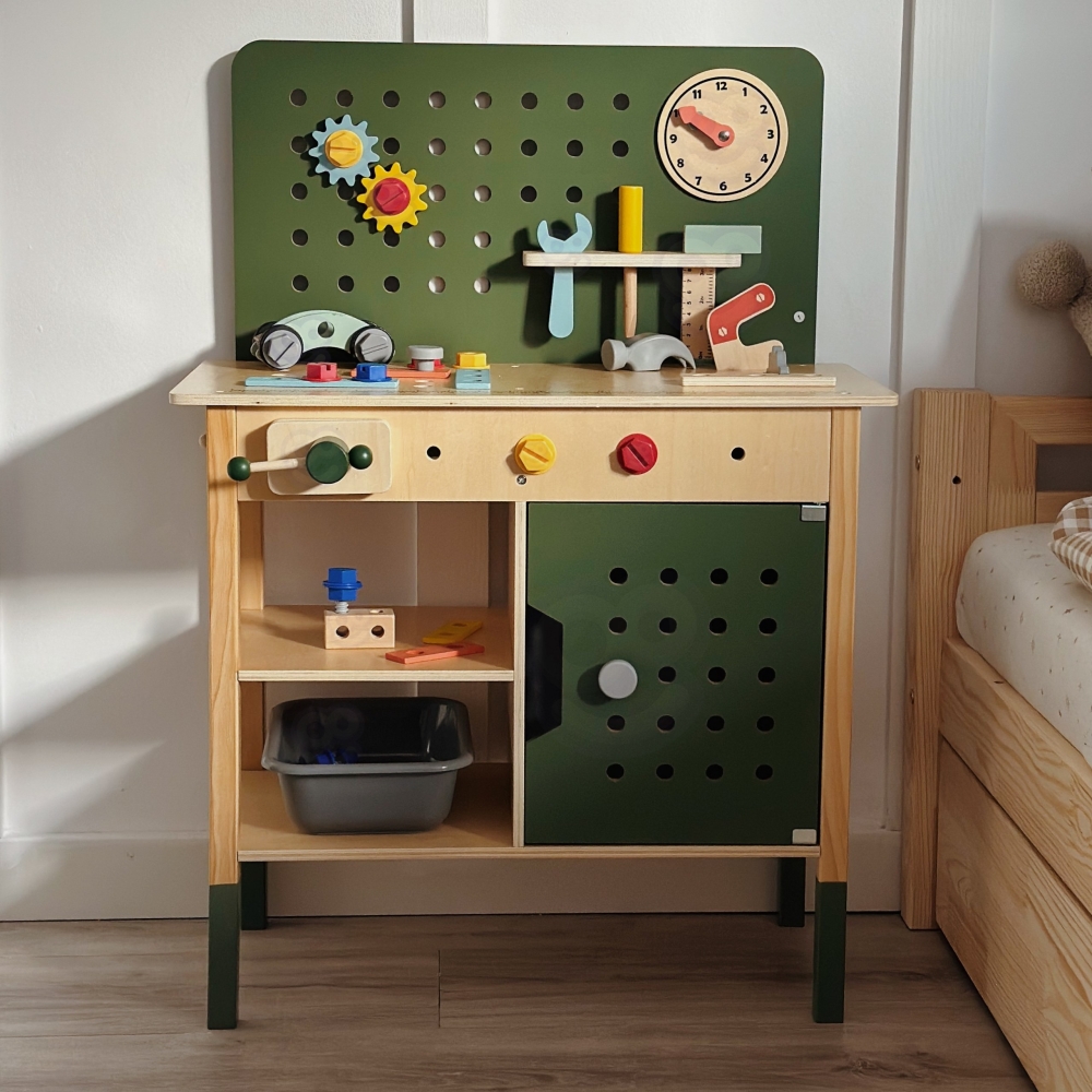 Medinės STEM dirbtuvės WOOPIE GREEN su įrankiais-Žaislai, Profesijos, buities žaislai, Meistro žaislai-e-vaikas