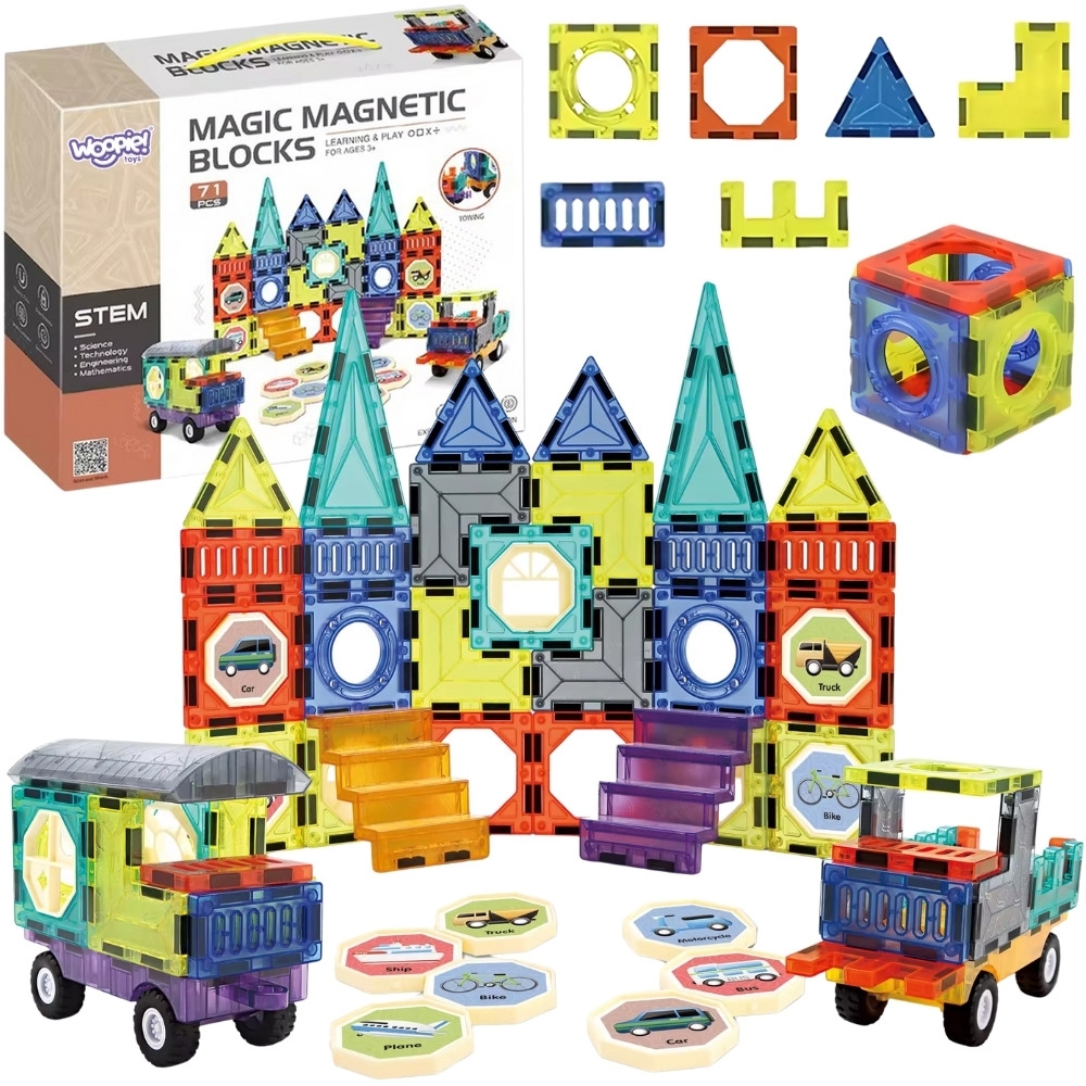 Magnetinis konstruktorius WOOPIE 3D rinkinys Pilis ir transporto priemonės, 71 el.