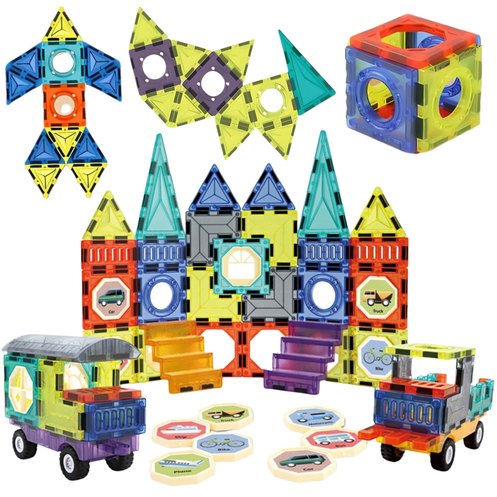 Magnetinis konstruktorius WOOPIE 3D rinkinys Pilis ir transporto priemonės, 71 el.