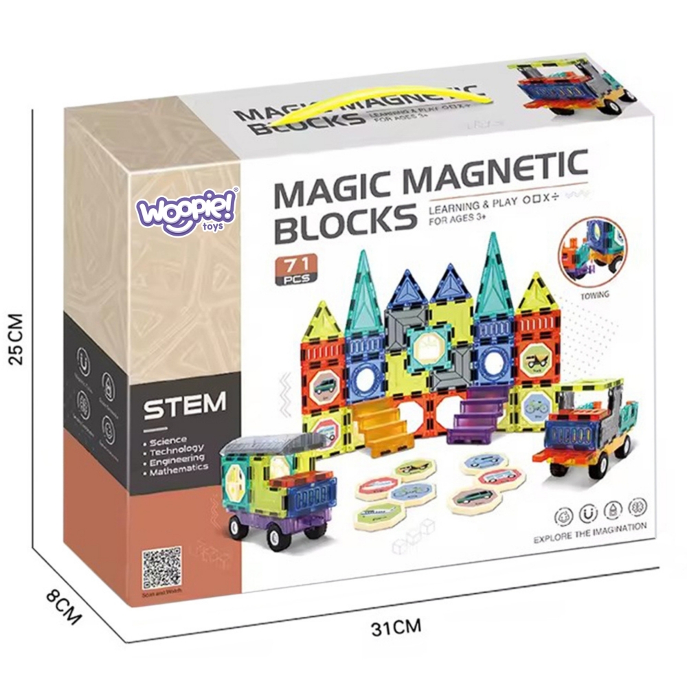 Magnetinis konstruktorius WOOPIE 3D rinkinys Pilis ir transporto priemonės, 71 el.