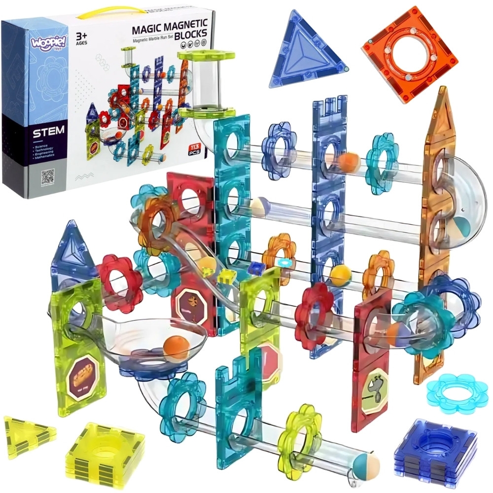 Magnetinis konstruktorius WOOPIE 3D edukacinis kamuoliukų kelio rinkinys 113 el.