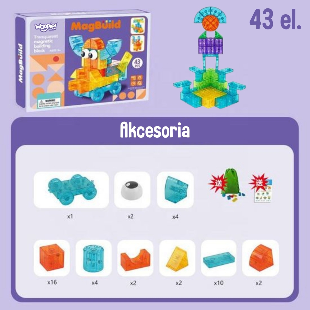 Skaidrus magnetinis konstruktorius WOOPIE 43 el.-Žaislai, Konstruktoriai, Magnetiniai konstruktoriai-e-vaikas