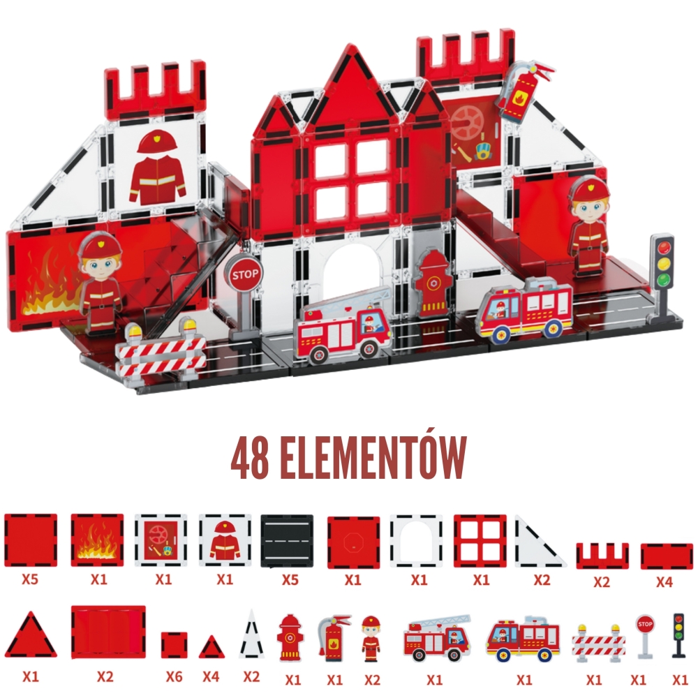 Magnetinis konstruktorius WOOPIE 3D Ugniagesių rinkinys 48el.-Žaislai, Konstruktoriai, Magnetiniai konstruktoriai-e-vaikas