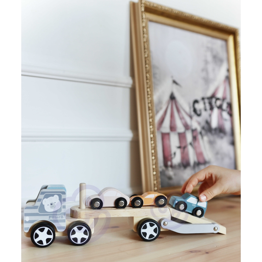 Medinė priekaba su žaisliniais automobiliais VIGA PolarB Montessori-Žaislai, Kūdikiams, Žaislai mažyliams (iki 4 m.