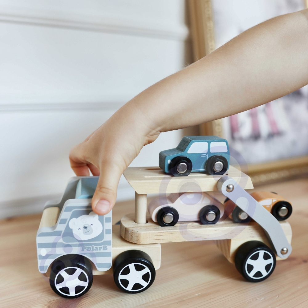 Medinė priekaba su žaisliniais automobiliais VIGA PolarB Montessori-Žaislai, Kūdikiams, Žaislai mažyliams (iki 4 m.