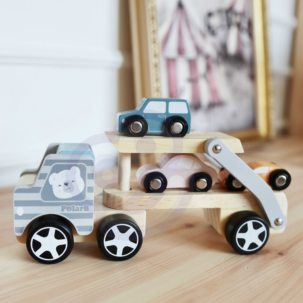 Medinė priekaba su žaisliniais automobiliais VIGA PolarB Montessori-Žaislai, Kūdikiams, Žaislai mažyliams (iki 4 m.