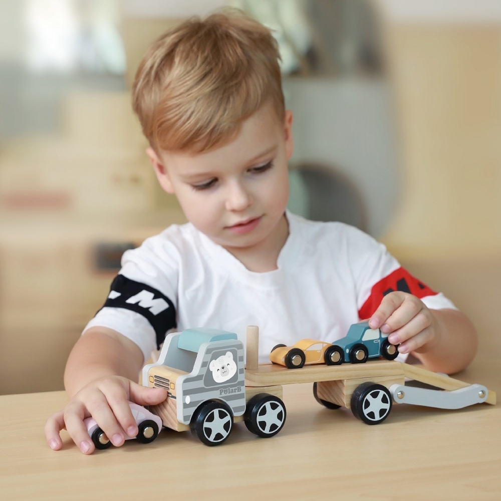 Medinė priekaba su žaisliniais automobiliais VIGA PolarB Montessori-Žaislai, Kūdikiams, Žaislai mažyliams (iki 4 m.