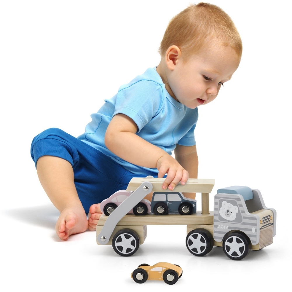 Medinė priekaba su žaisliniais automobiliais VIGA PolarB Montessori-Žaislai, Kūdikiams, Žaislai mažyliams (iki 4 m.