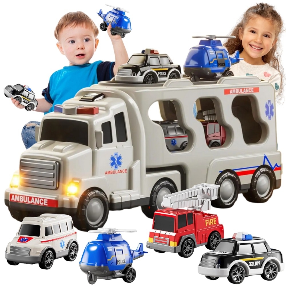 Didelis gelbėtojų sunkvežimis WOOPIE Road Caravan 5 automobilių rinkinys - greitoji pagalba-Žaislai, Auto ir transporto žaislai,