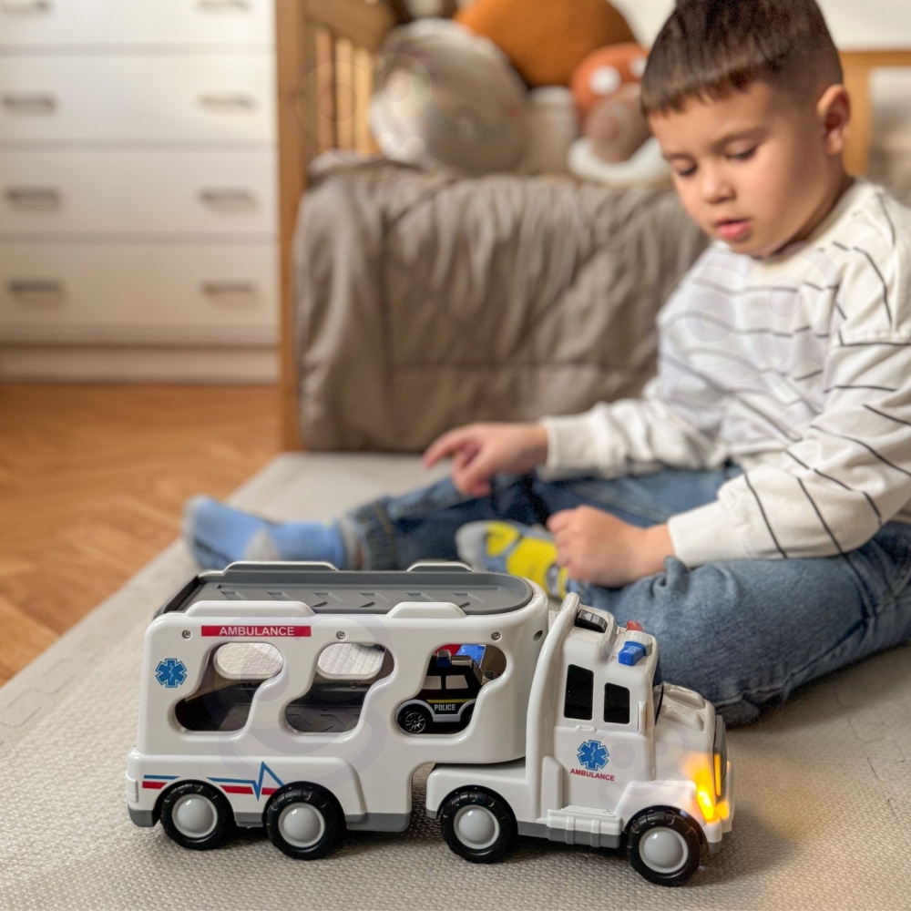 Didelis gelbėtojų sunkvežimis WOOPIE Road Caravan 5 automobilių rinkinys - greitoji pagalba-Žaislai, Auto ir transporto žaislai,