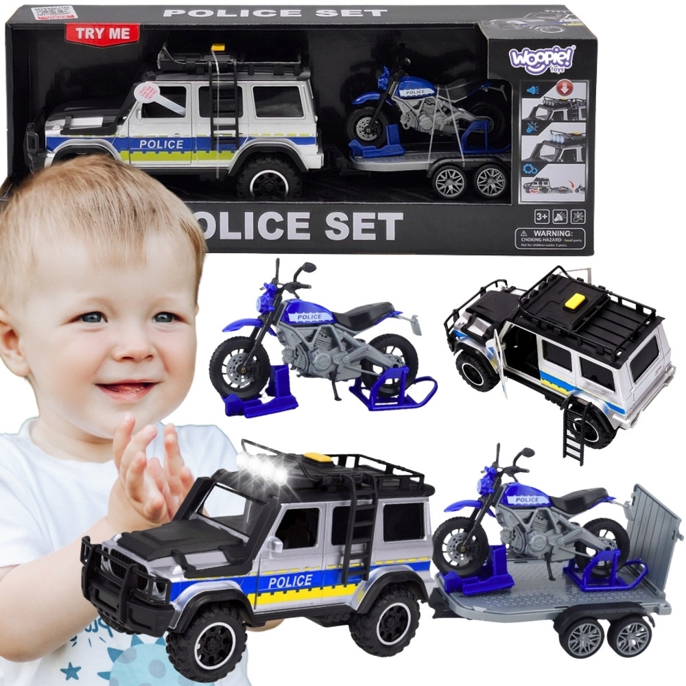 Policijos visureigių rinkinys WOOPIE su motociklo priekaba-Žaislai, Auto ir transporto žaislai, Mašinos-e-vaikas