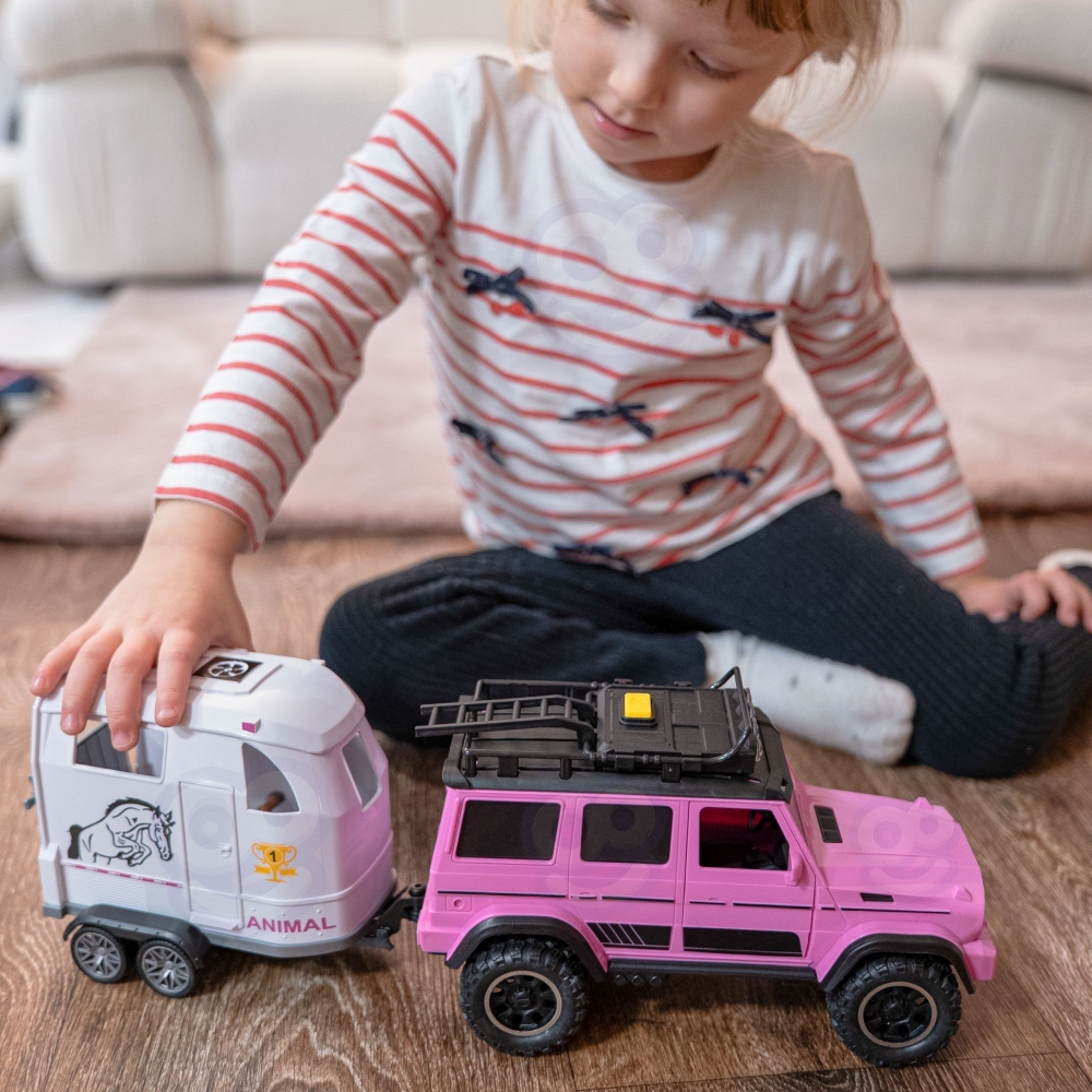 Visureigių rinkinys su priekaba ir arklio figūrėle WOOPIE Rožinis-Žaislai, Auto ir transporto žaislai, Mašinos-e-vaikas