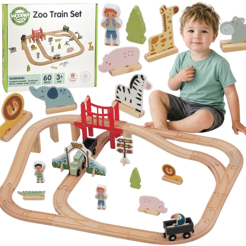 Medinis zoologijos sodo traukinio rinkinys WOOPIE GREEN XL 60 el.