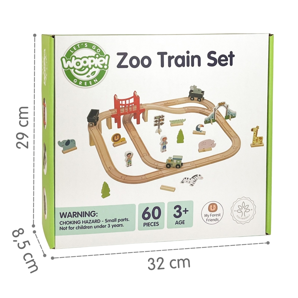 Medinis zoologijos sodo traukinio rinkinys WOOPIE GREEN XL 60 el.
