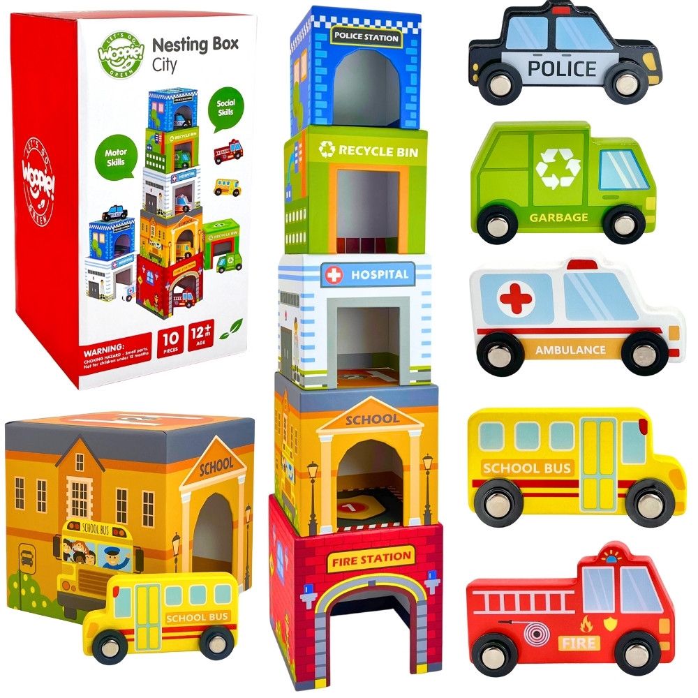 WOOPIE GREEN Dėlionė Miesto transporto priemonės dėžutėse + figūrėlės 10 el.