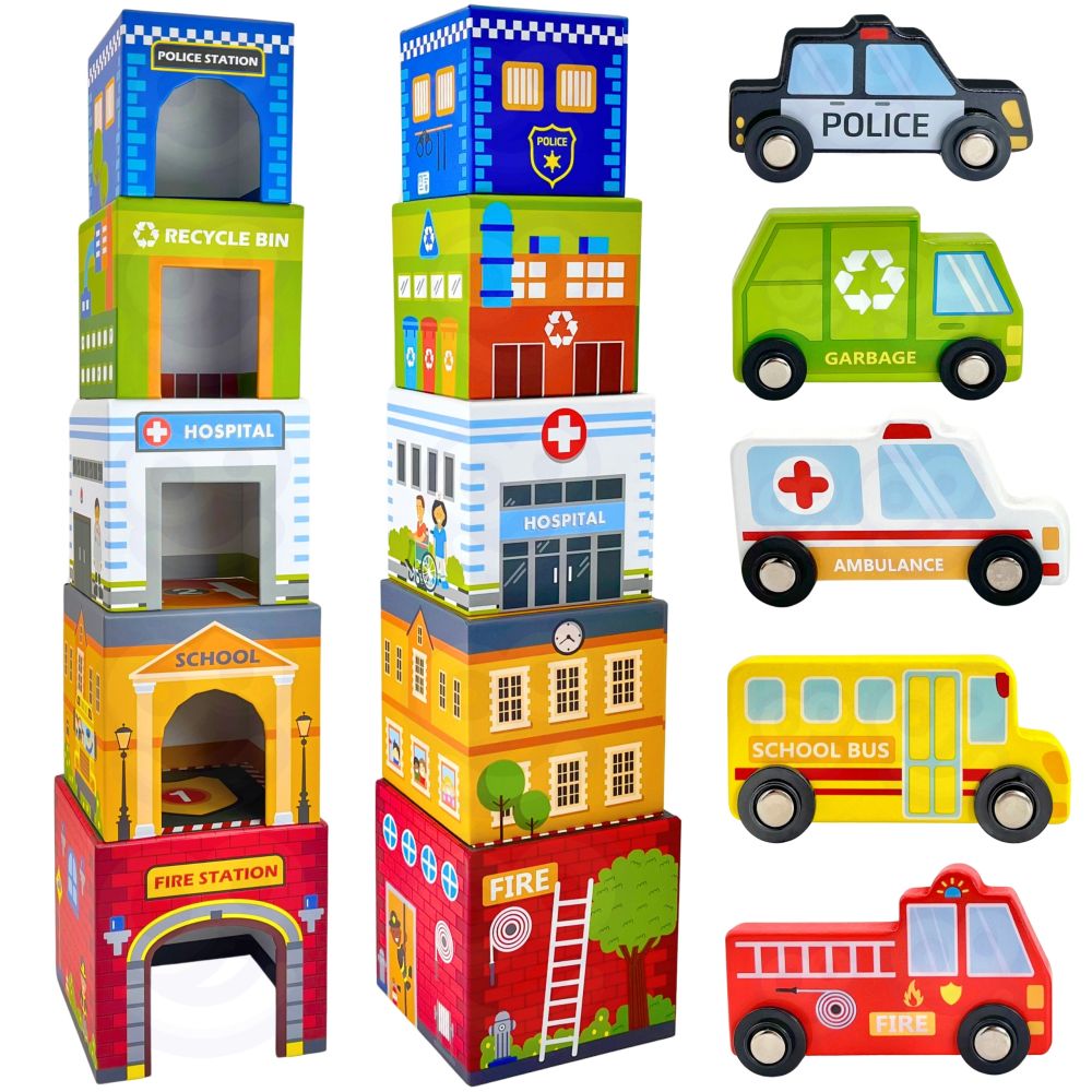 WOOPIE GREEN Dėlionė Miesto transporto priemonės dėžutėse + figūrėlės 10 el.