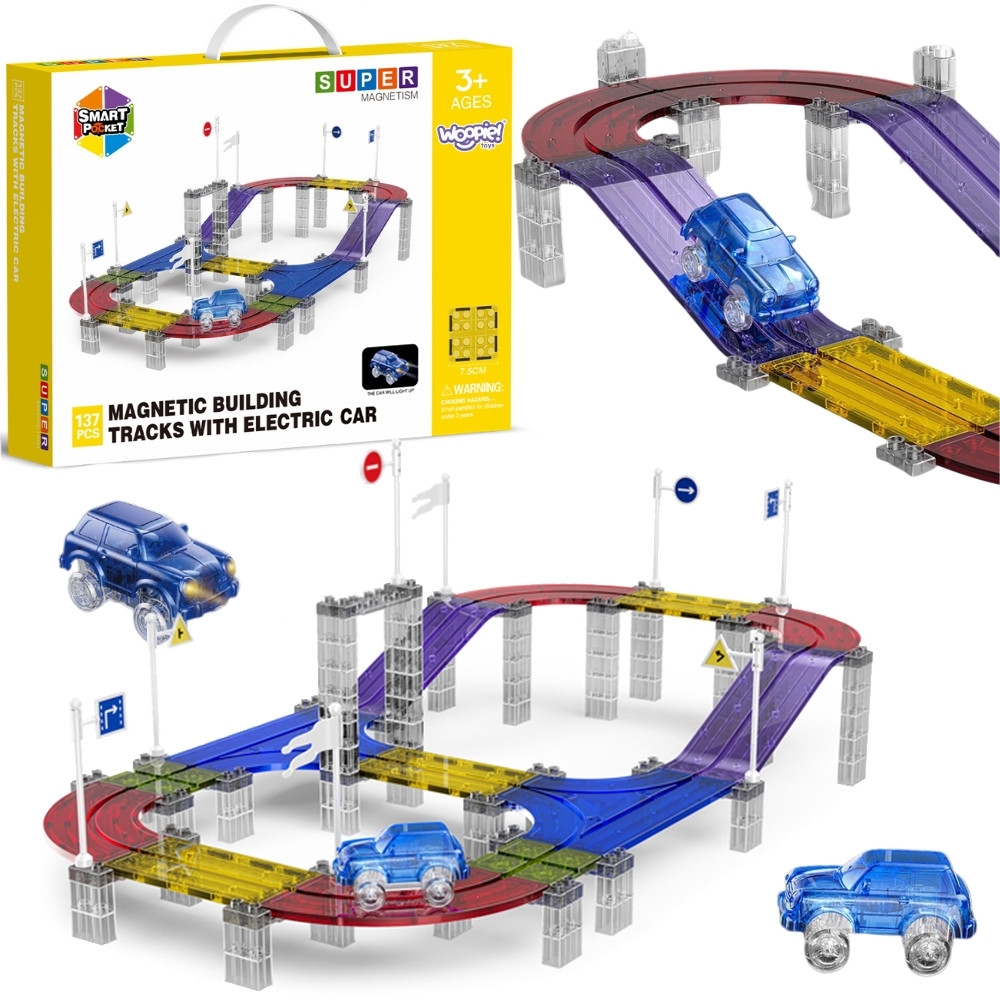 Magnetinė automobilių lenktynių trasa WOOPIE + LED automobiliai, 137 el.