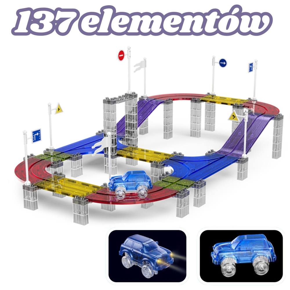 Magnetinė automobilių lenktynių trasa WOOPIE + LED automobiliai, 137 el.