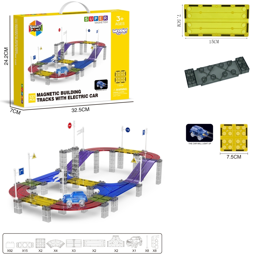 Magnetinė automobilių lenktynių trasa WOOPIE + LED automobiliai, 137 el.