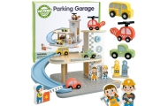 WOOPIE GREEN Drewniany Parking Piętrowy 2w1 Stacja Benzynowa z Autkami i Figurkami 12 el. FSC