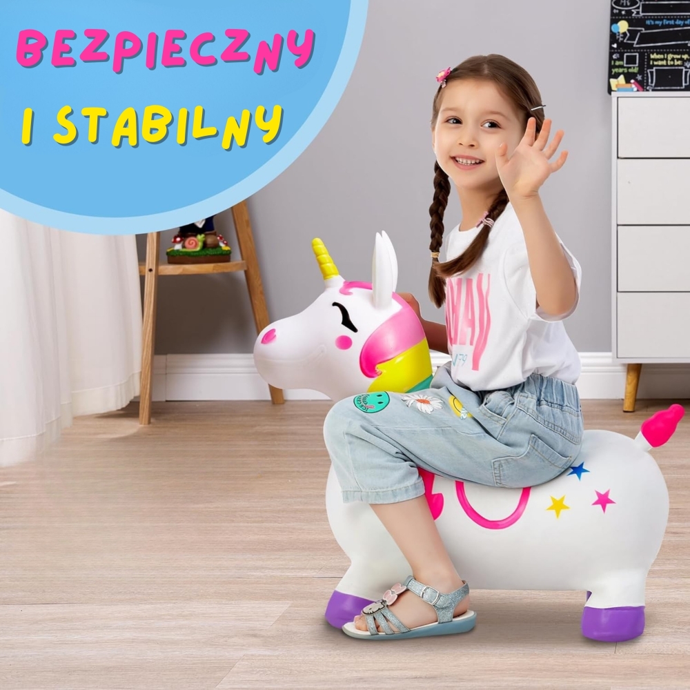 Guminis šokliukas WOOPIE Vienaragis, baltas + pompa-Žaislai, Lauko žaislai, Šokliukai, gimnastikos kamuoliai-e-vaikas