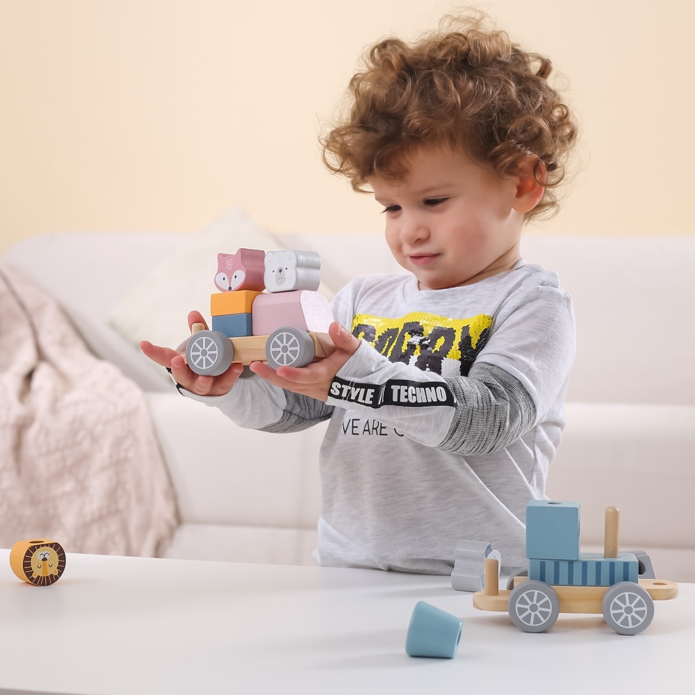 Medinis traukinukas su vagonais ir Montessori gyvūnais VIGA PolarB-Žaislai, Kūdikiams, Žaislai mažyliams (iki 4 m.